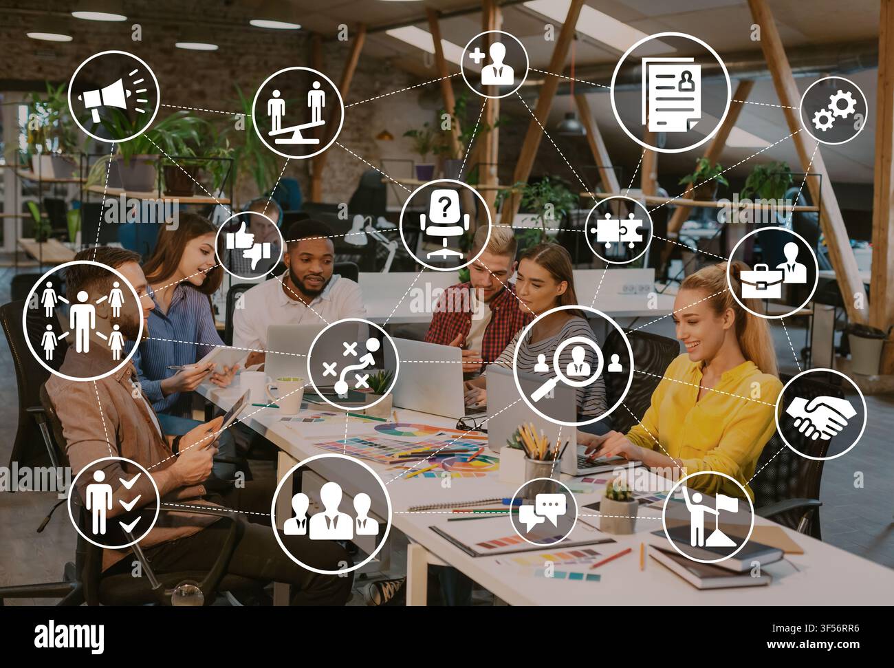 Team of designers working on project sitting in office, collage Stock Photo