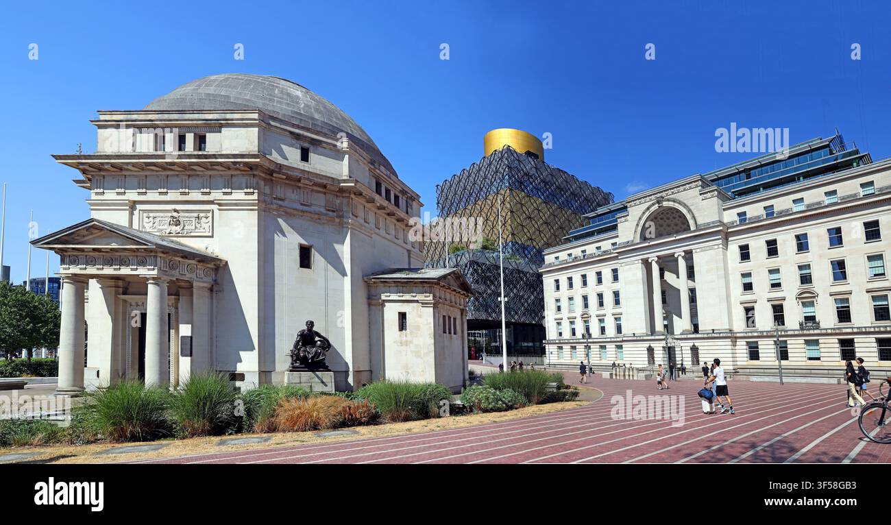 Panorama of Centenary Square in Birmingham city centre, combining several of the square’s best-known civic and cultural landmarks. Hall of Memory Stock Photo