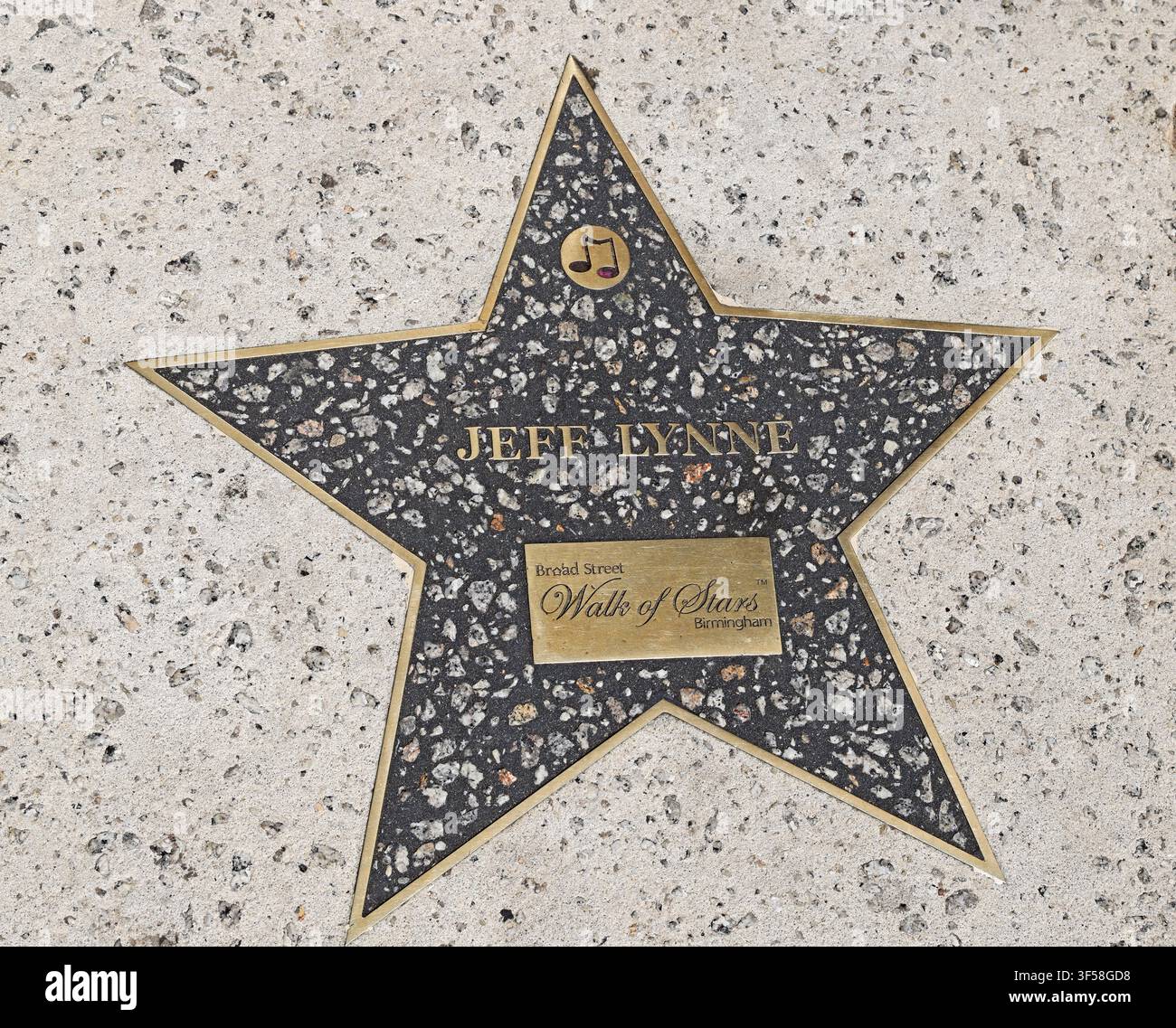 Birmingham Walk of Stars pavement plaque honouring Jeff Lynne, founder and frontman of Birmingham rock group Electric Light Orchestra ELO Stock Photo