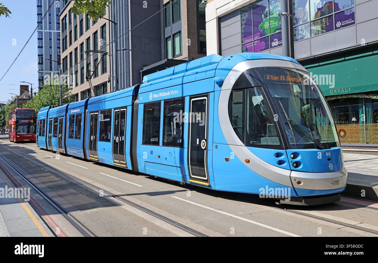 Wolverhampton blue Birmingham WM tram on Broad street Stock Photo