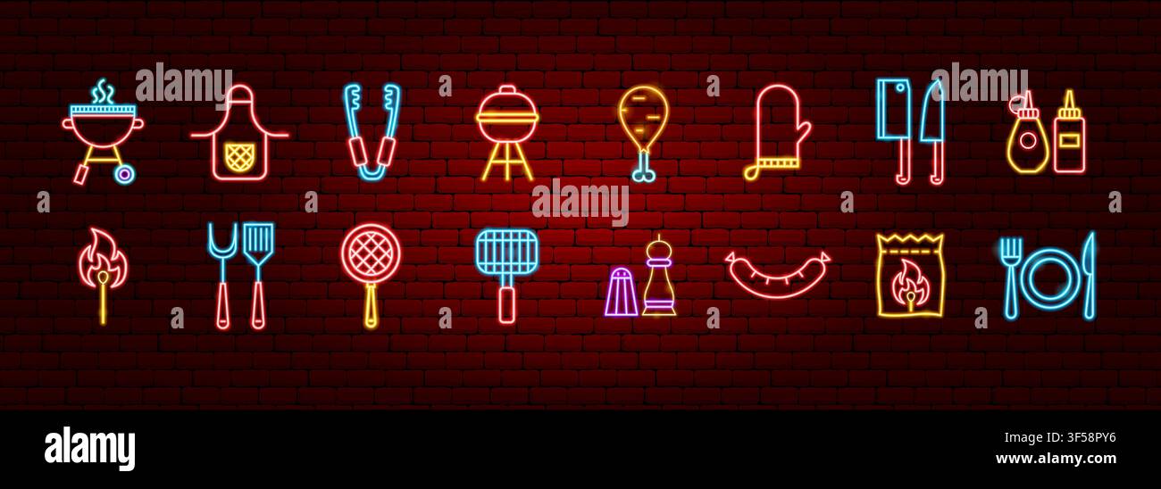 BBQ Grill Neon Objects Stock Vector
