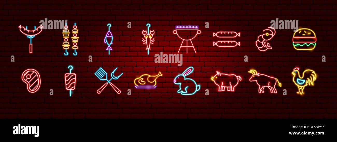Grill BBQ Food Neon Objects Stock Vector