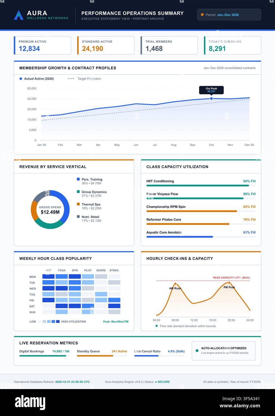 Professional data visualization dashboard featuring line graphs, donut charts, and progress bars for business analytics. Stock Vector