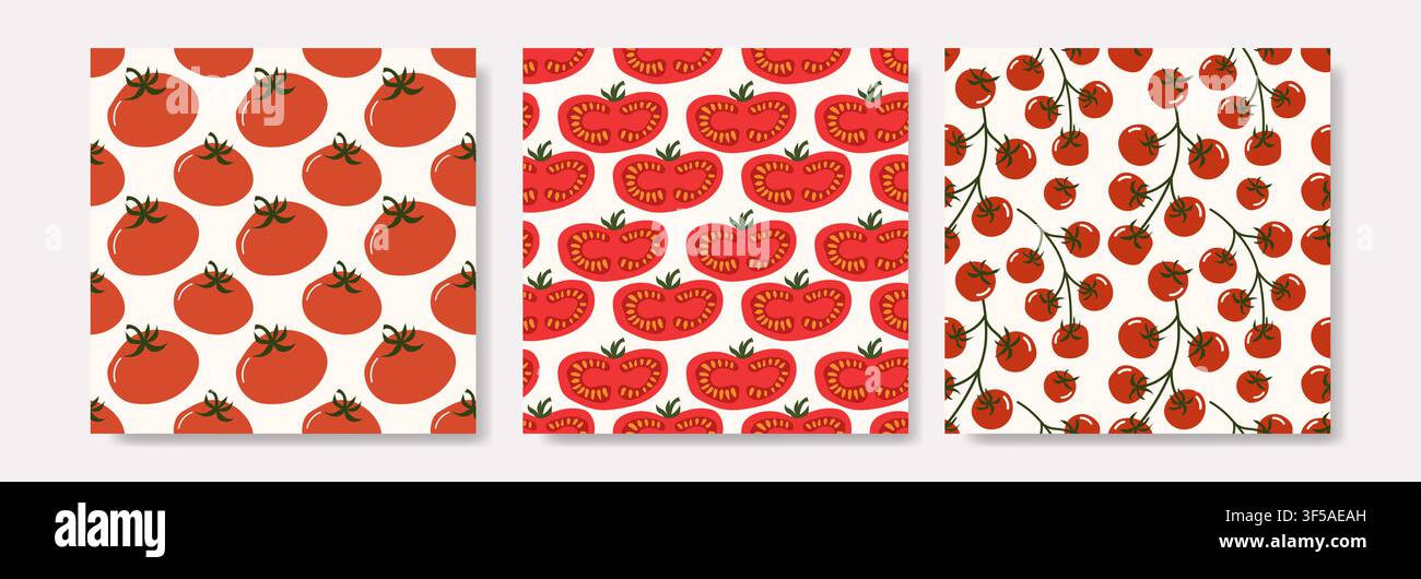 Set of three hand drawn seamless vector patterns with whole red tomatoes, cut slices, and cherry tomatoes on branches for packaging. Stock Vector