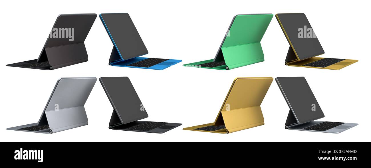 Multiple black-framed digital tablets stacked with colorful sheets, isolated on white background Stock Photo