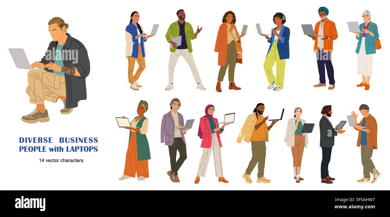 Set of show diverse individuals using laptops Stock Vector