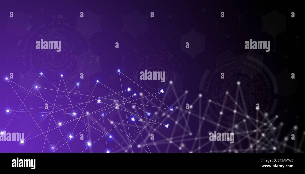 Technology background concept, Abstract connected line dots network on bright polygon purple blurred background Stock Photo