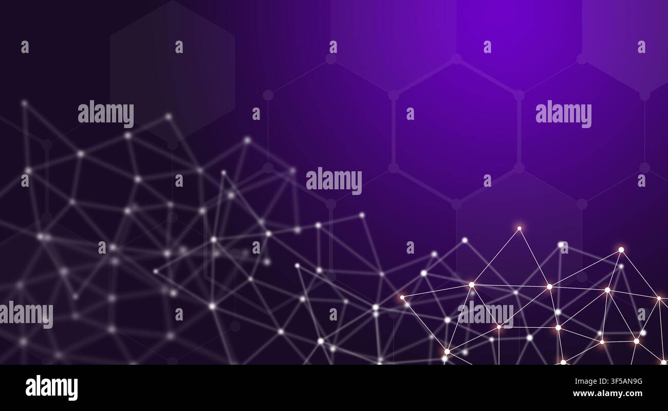 Technology background concept, Abstract connected network on bright purple blurred background. Stock Photo