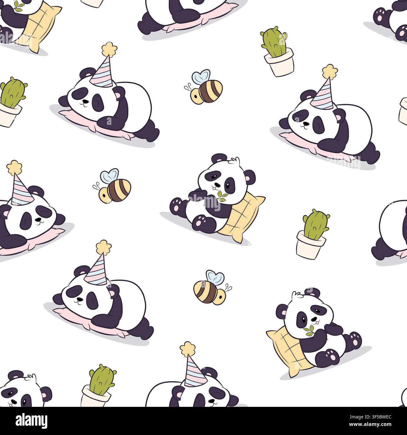 Vector seamless pattern featuring pandas and plants Stock Vector