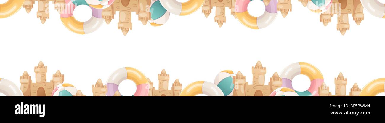 A seamless vector border featuring sandcastles and beach balls Stock Vector