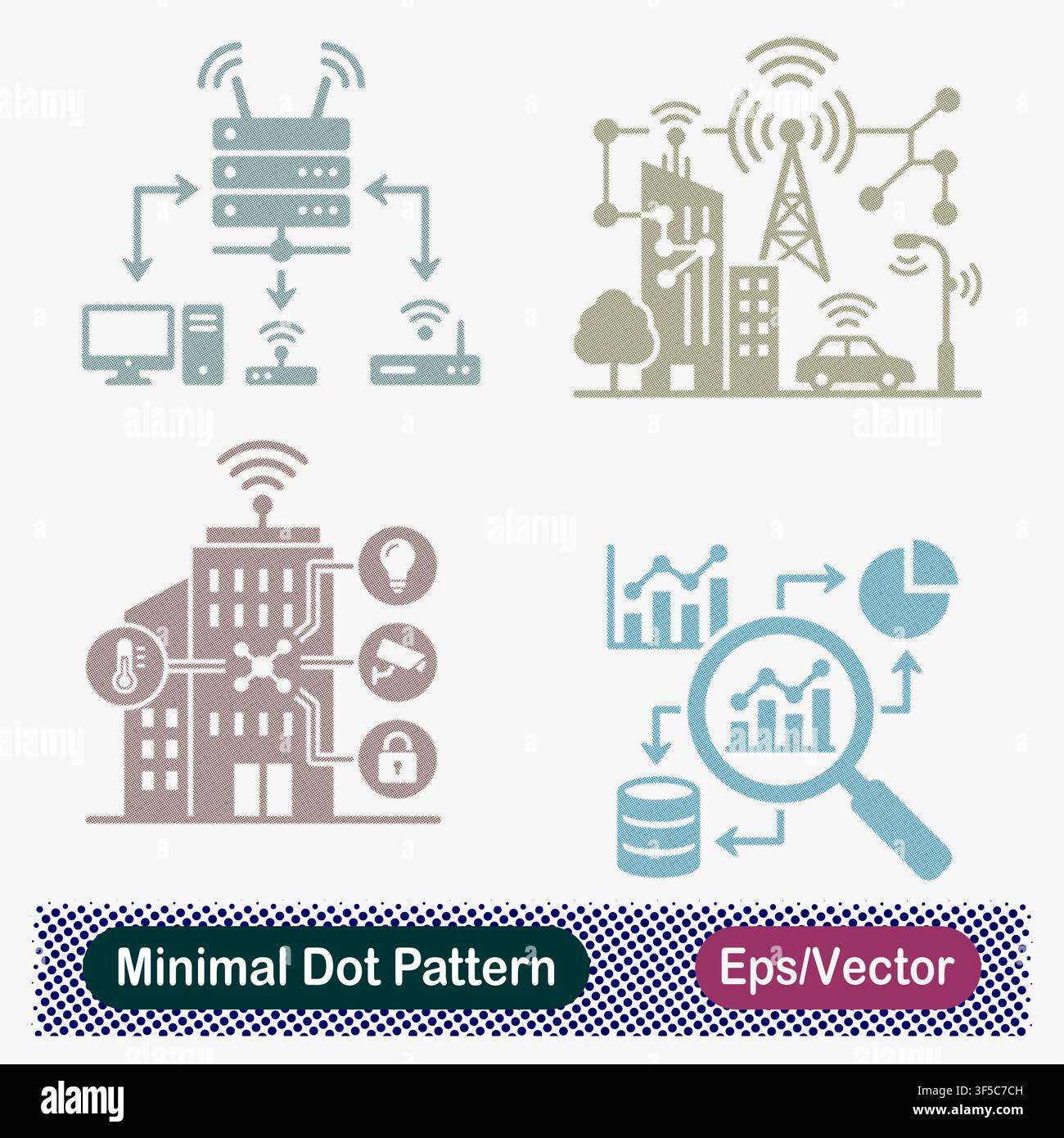 Minimal Dot Pattern Wireless Server Network Distribution, Smart City Telecom Tower Connectivity, Smart Building Automation IoT, and Data Analytics Stock Vector