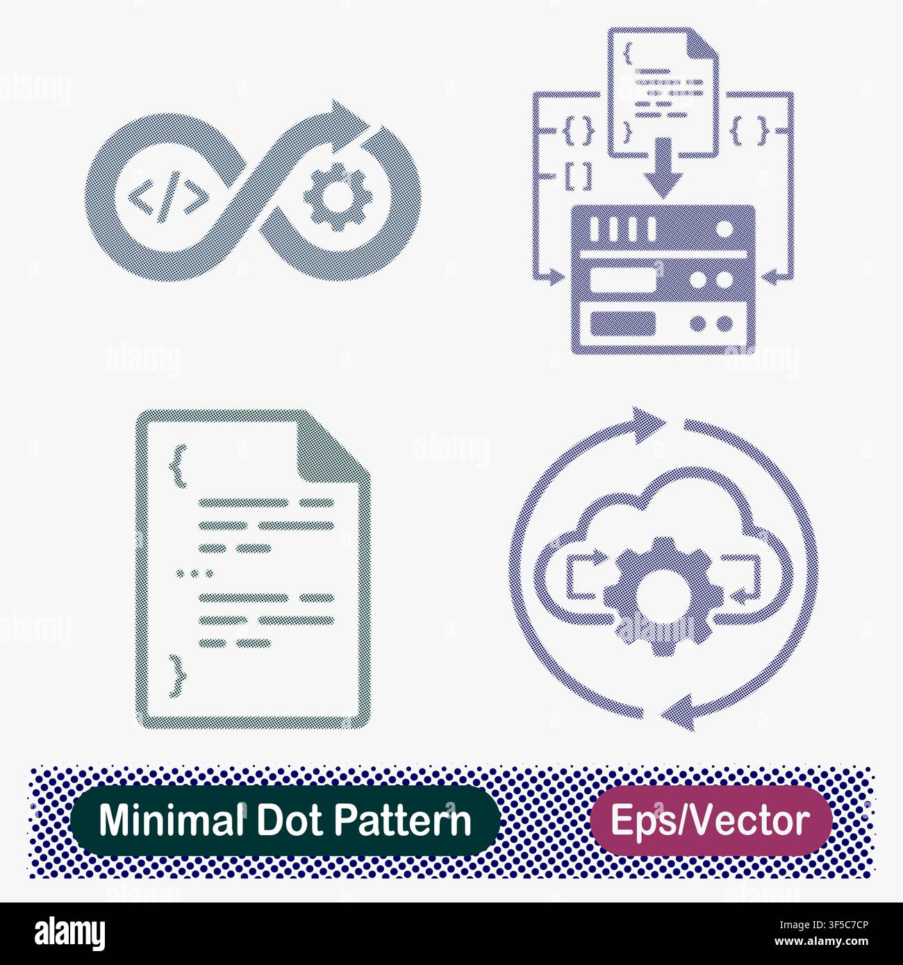 Minimal Dot Pattern DevOps Infinity Code Loop, Automated Server Script Deployment, Source Code Document File, and Cloud Automation Sync Gear Vector Stock Vector