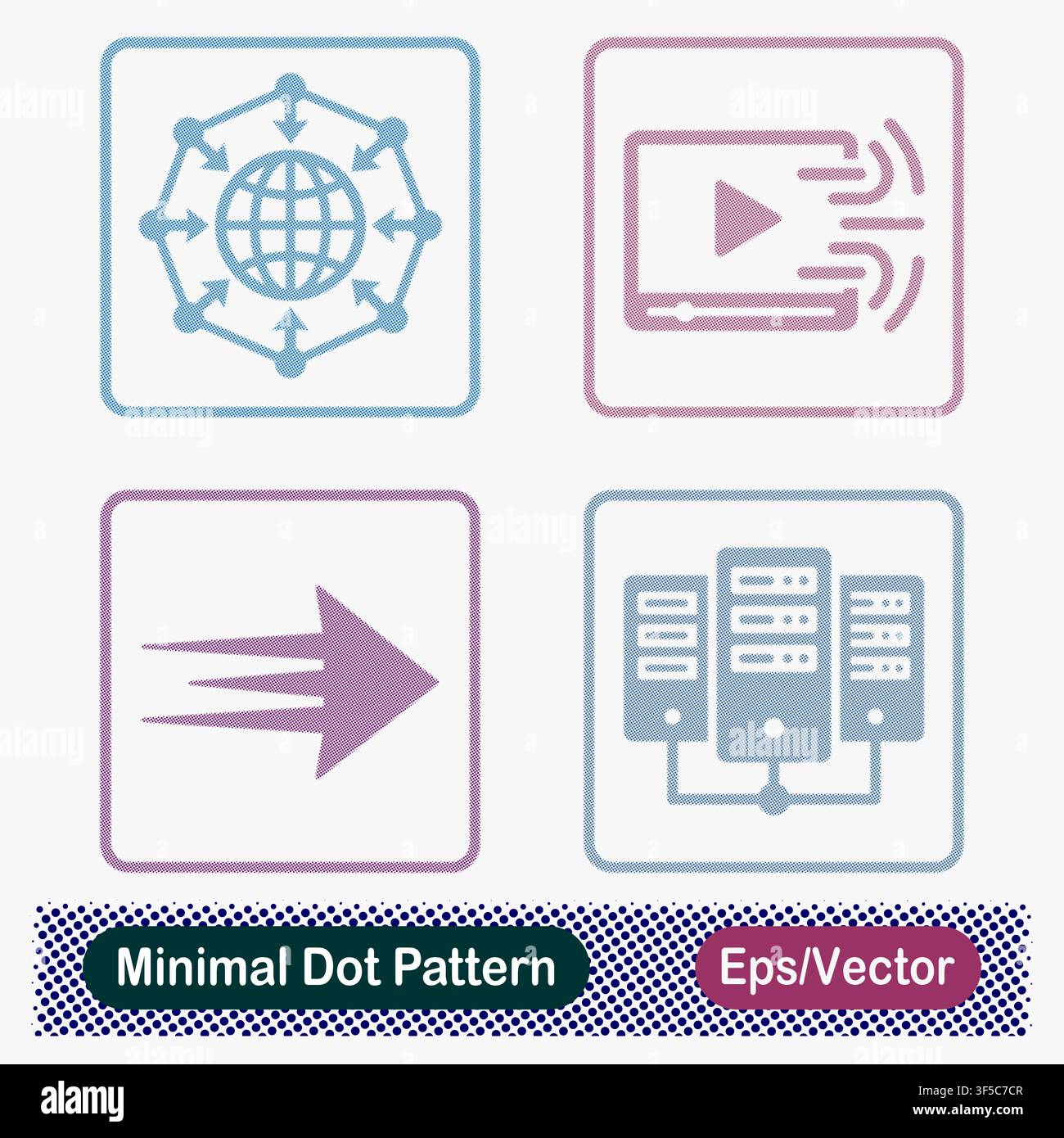 Minimal Dot Pattern Global Content Distribution Network, High Speed Video Streaming Player, Fast Forward Motion Arrow, and Server Rack Data Center Stock Vector