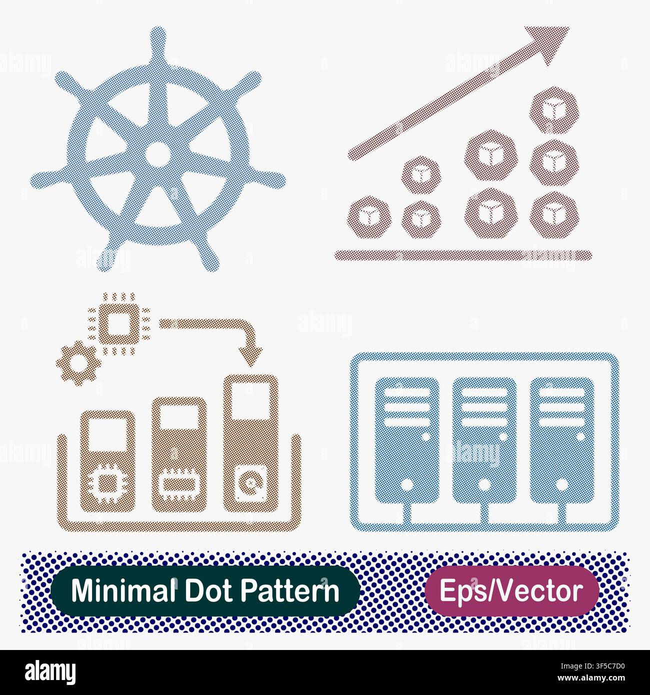 Minimal Dot Pattern Helm Kubernetes Steering Wheel, Hexagonal Block Growth Chart, Hardware Infrastructure Scaling, and Server Rack Cluster Vector Icon Stock Vector