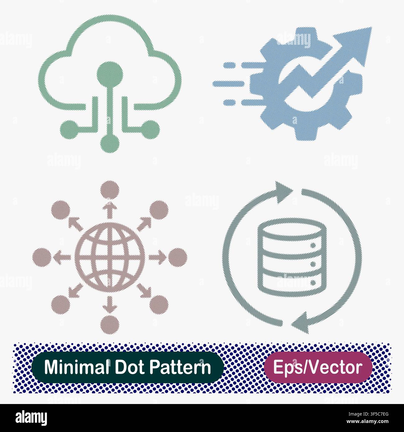 Minimal Dot Pattern Cloud Network Node, System Automation Performance Gear Arrow, Global Content Distribution Network, and Database Sync Cycle Vector Stock Vector