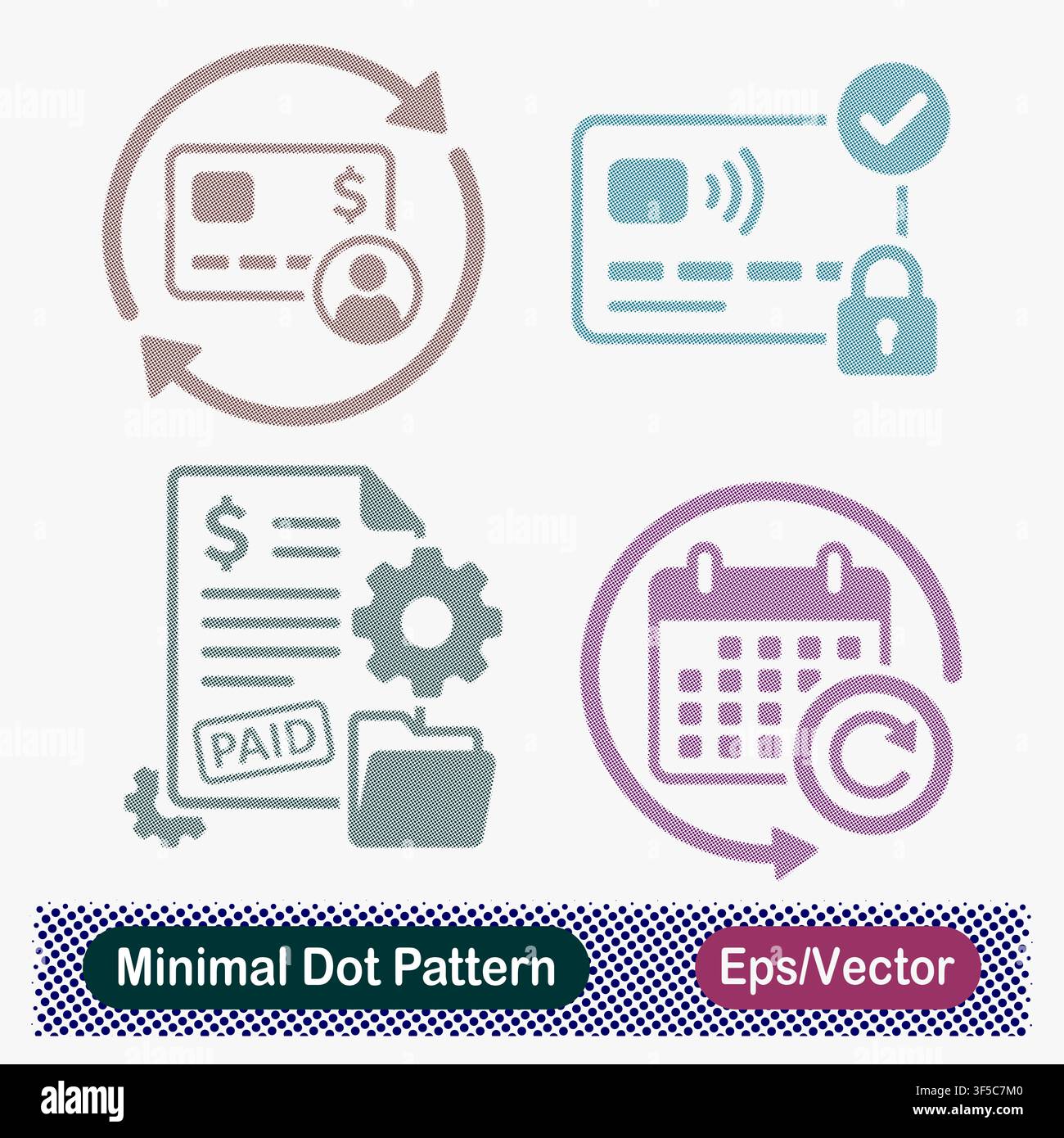 Minimal Dot Pattern Credit Card Recurring Payment, Secure Contactless Card Padlock, Paid Invoice Gear Folder, and Calendar Subscription Renewal Vector Stock Vector