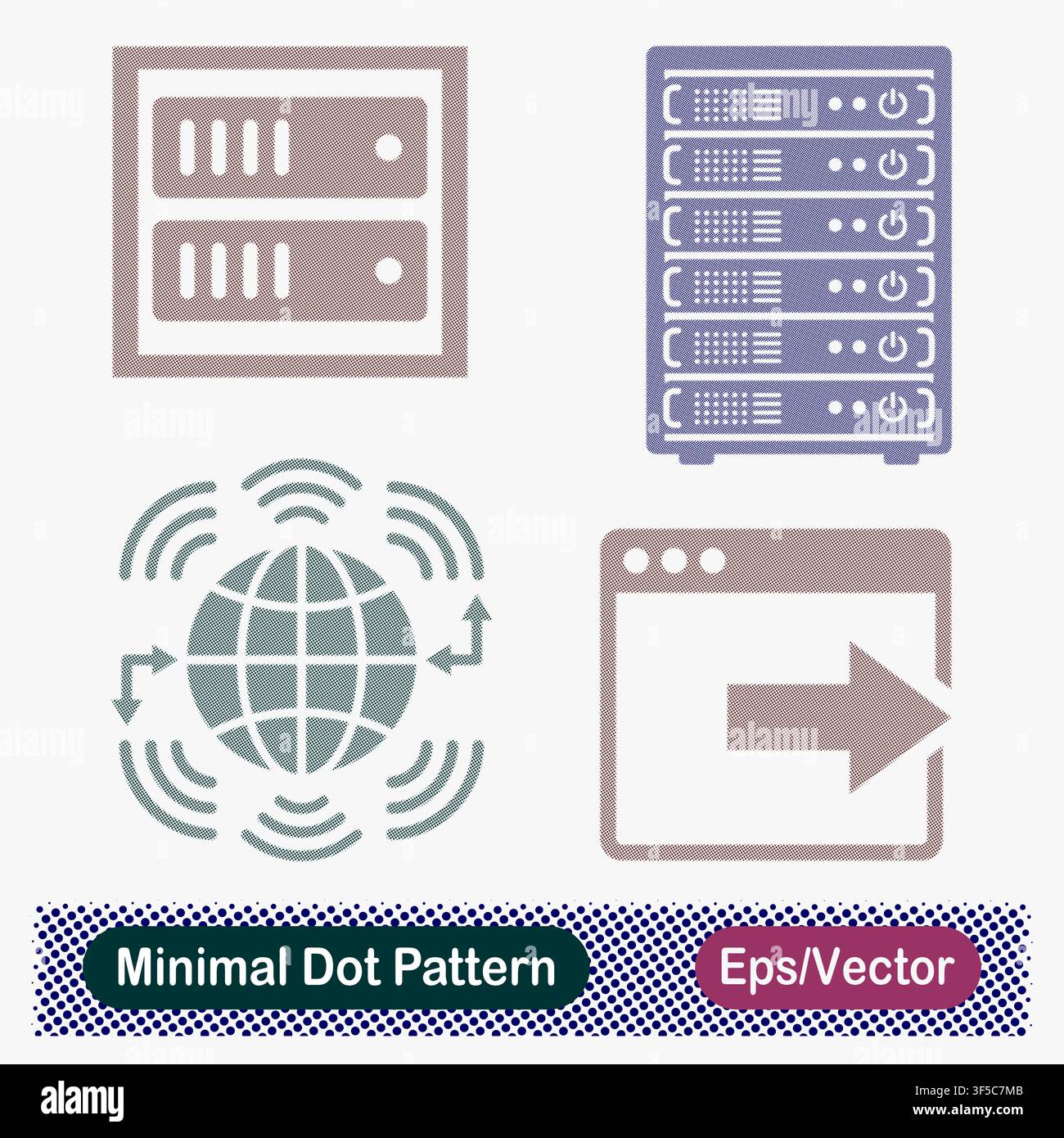 Minimal Dot Pattern Dual Server Unit, Mainframe Server Rack Cabinet, Global Wireless Internet Signal Globe, and Web Browser Export Arrow Vector Icons Stock Vector