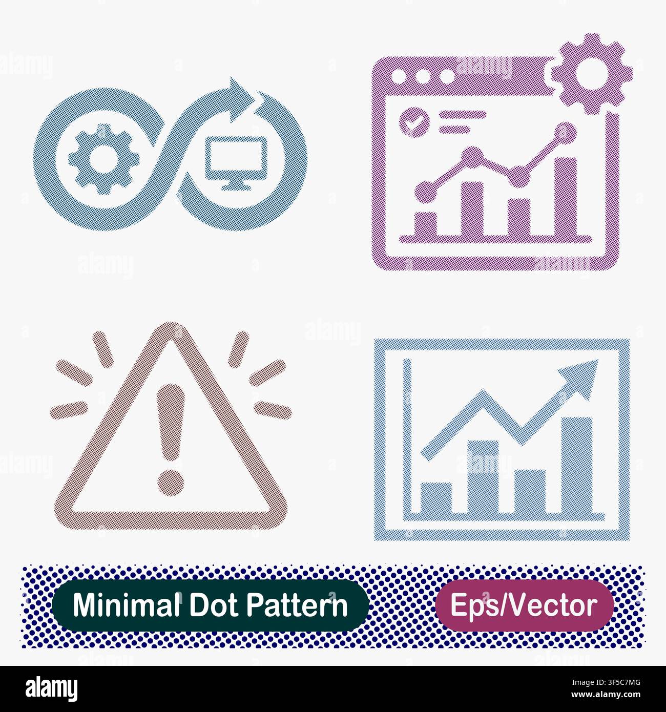 Minimal Dot Pattern DevOps Infinity Loop, Web Dashboard Analytics Gear, Flashing Warning Triangle Alert, and Growth Chart Graph Vector Icons Set Stock Vector