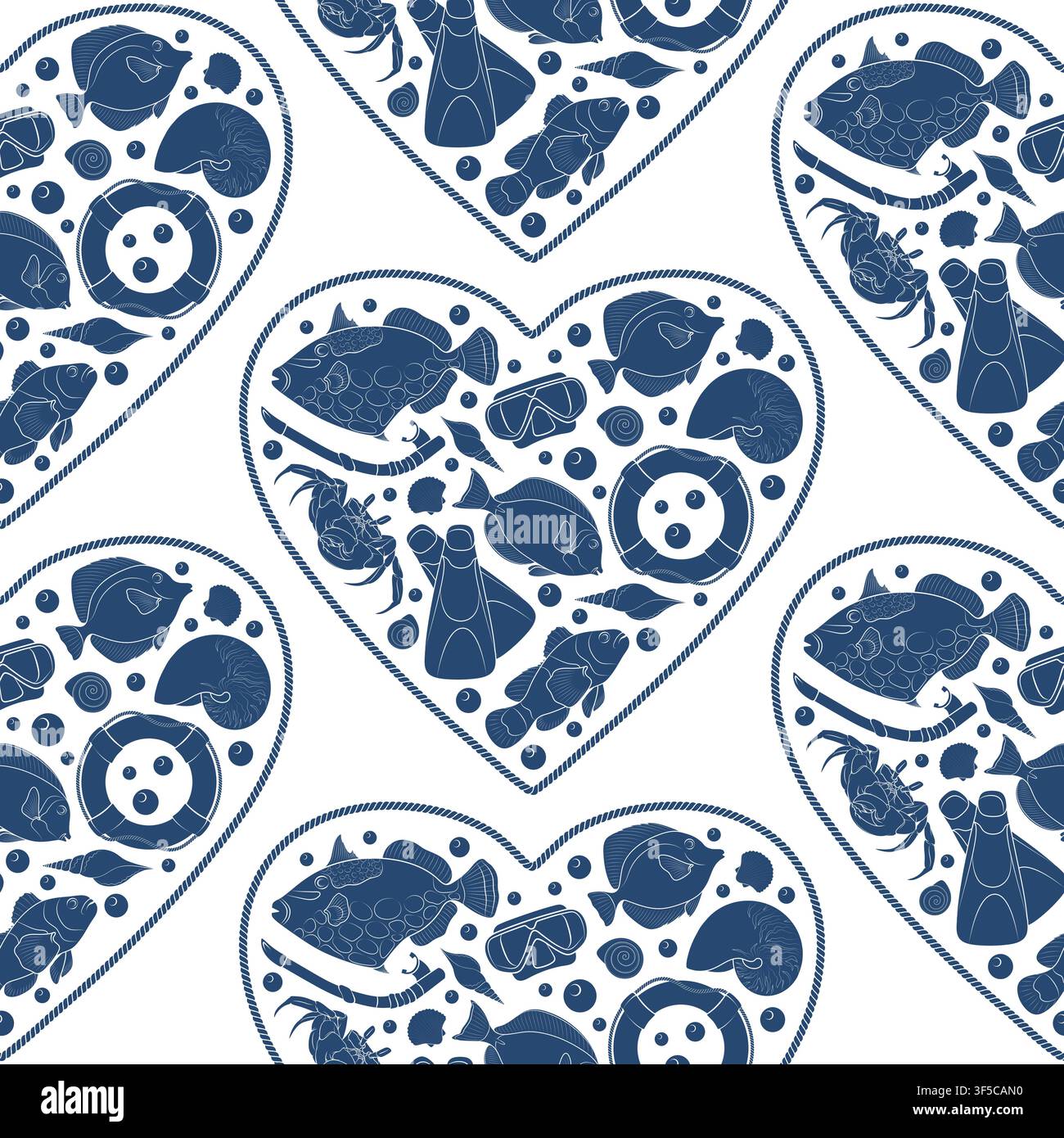 Marine seamless pattern with objects in the shape of a heart. Isolated vector objects. Stock Vector