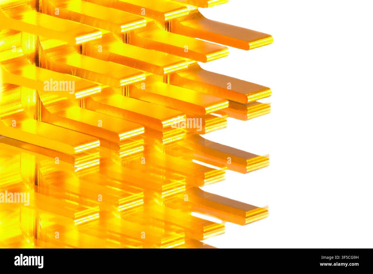 Golden rods form a geometric, repeating pattern. Sharp edges create a sense of modern precision. Bright yellow color dominates the visual space. Backg Stock Photo