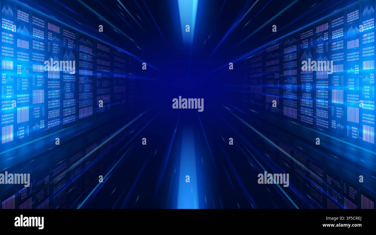 Server room. Green data center with supercomputer, big tech cloud or ai warehouse system. Computer database storage tunnel. Blue digital panels and motion lines. Computing technology. Vector set Stock Vector