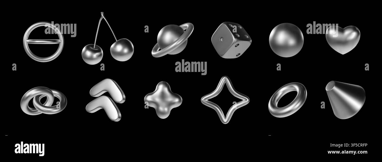 3d chrome icons. Y2k metal star, abstract silver shapes or liquid gradient graphic for design. Holographic sparkle futuristic effect. Cherry, heart and love rings. Game dice. Vector isolated elements Stock Vector