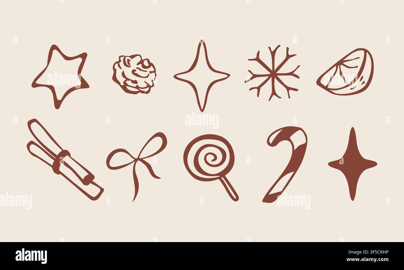 Hand drawn cozy Christmas decoration elements set vector doodle illustration Stock Vector