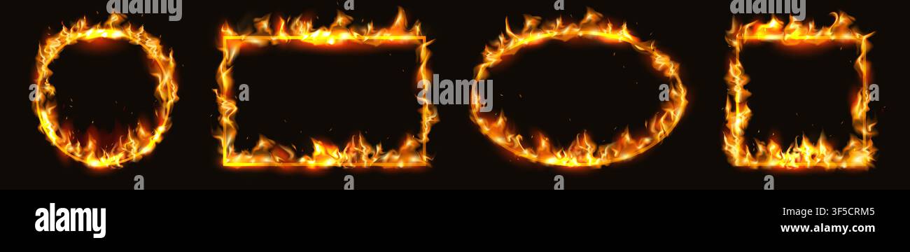 Fire frame. Circle flame border, realistic round blaze hoop with 3d rectangular edge. Fantasy graphic rectangle or oval. Dramatic design elements for visual composition. Vector realistic isolated set Stock Vector