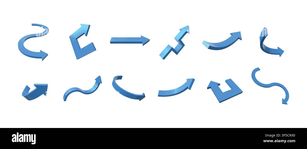 3d arrow icons. Up point direction, perspective for circular movement. Recycle blue pointer, forward angle or cursor. Directional indicator, different rotations for presentation. Vector isolated set Stock Vector