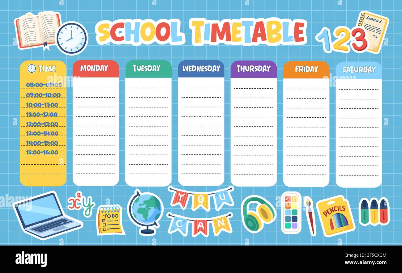 Cute school timetable template with weekly schedule and planner layout Stock Vector