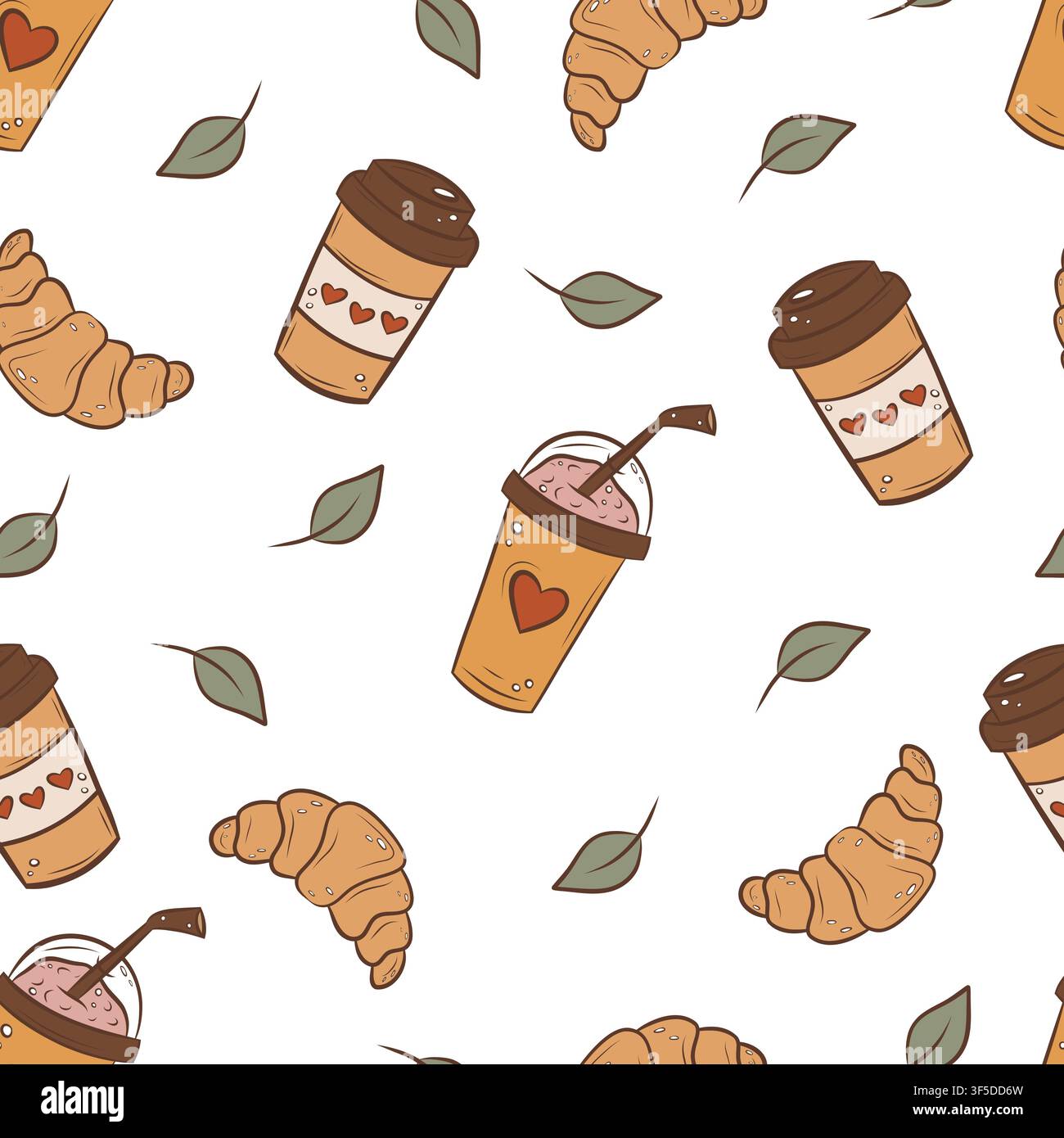 A seamless pattern featuring coffee, croissants and leaves Stock Vector
