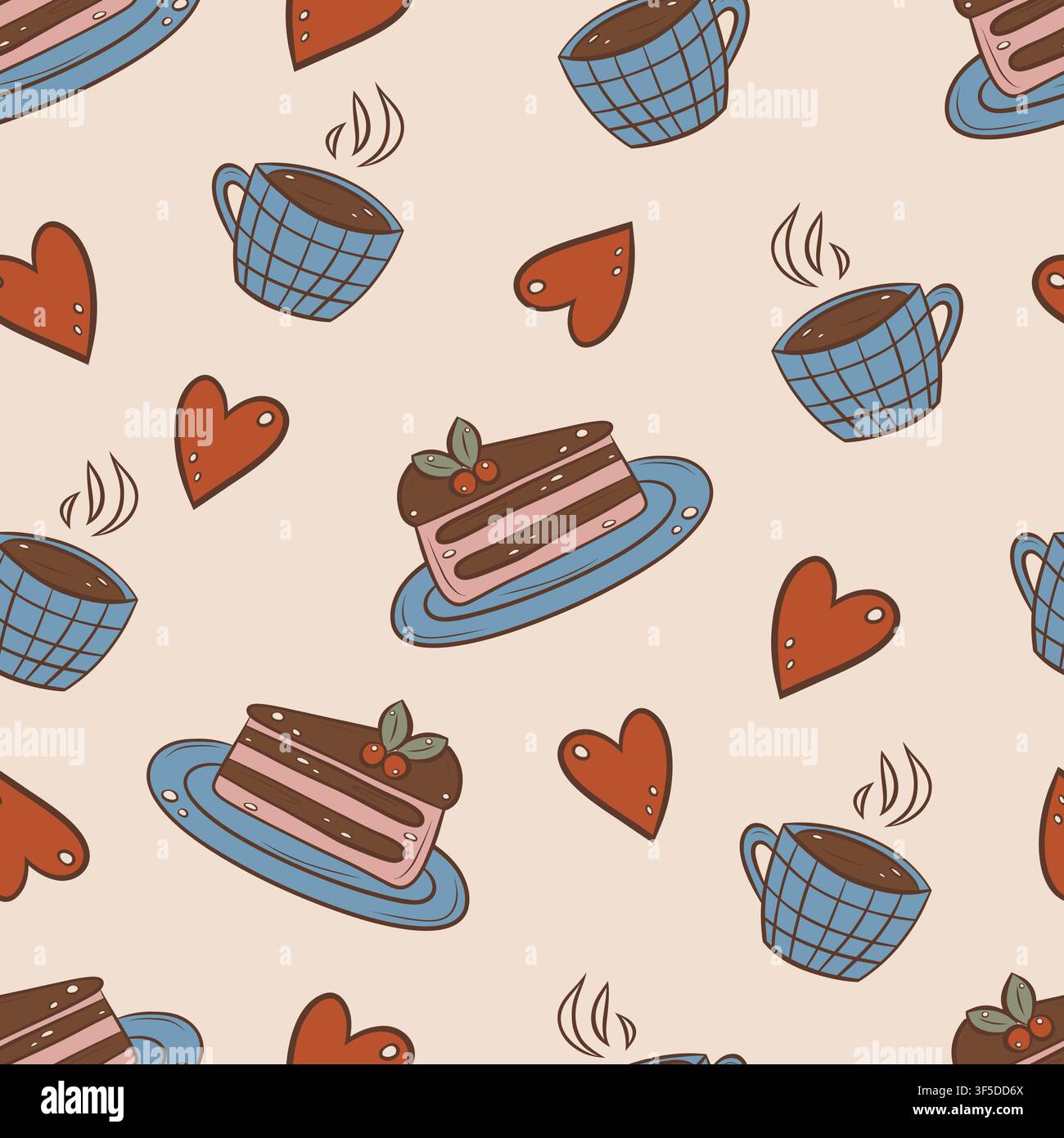 Vector seamless pattern featuring coffee cups and chocolate cake Stock Vector