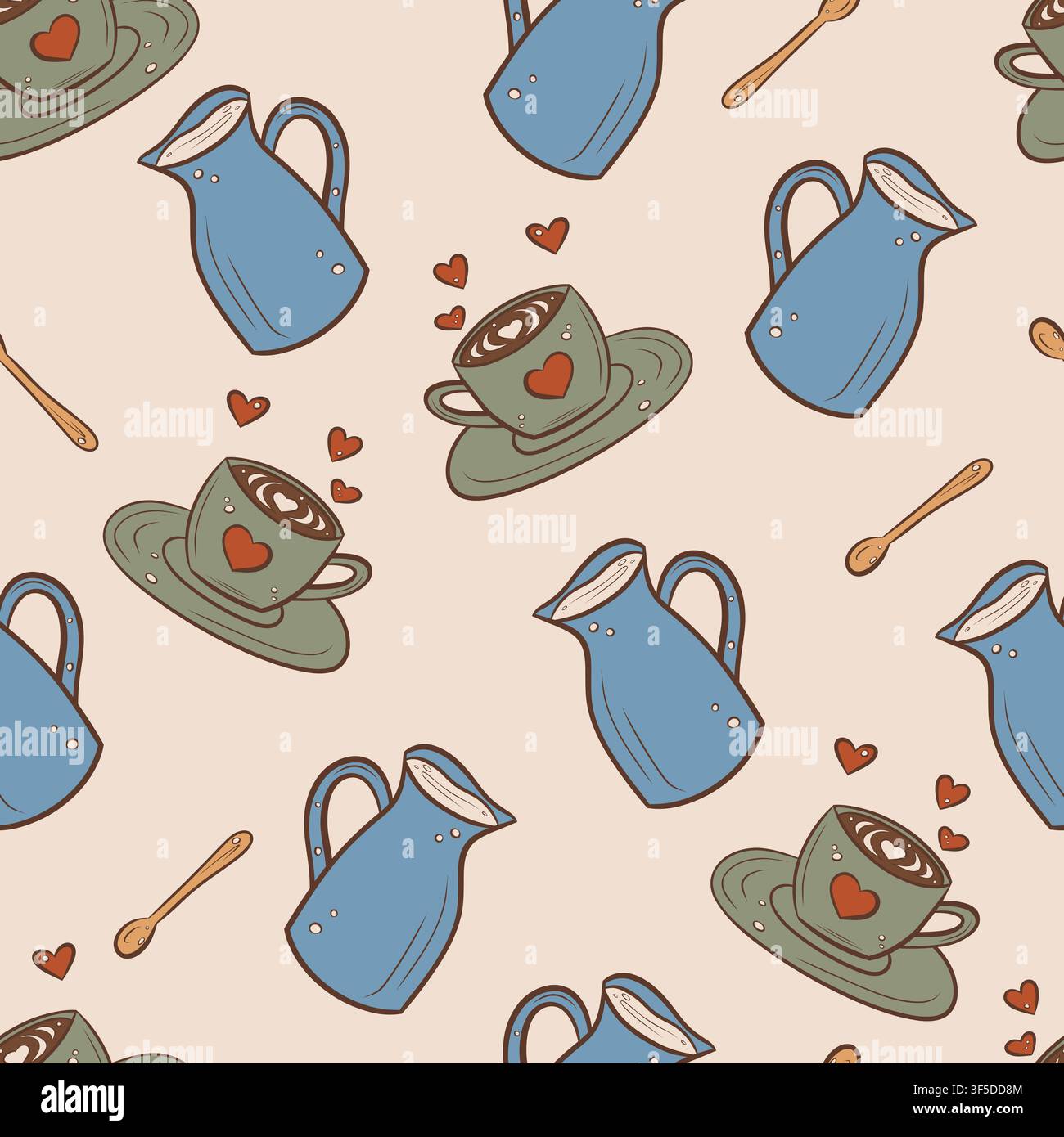 Vector seamless pattern featuring coffee cups and milk jugs Stock Vector