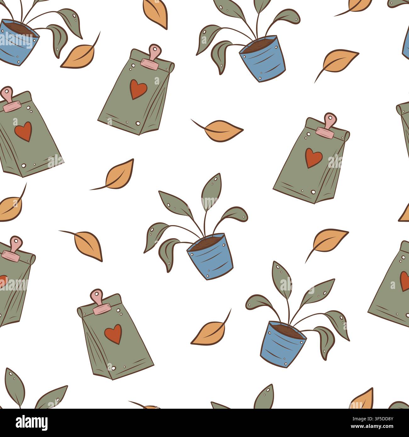 A vector seamless pattern featuring coffee and potted flowers Stock Vector
