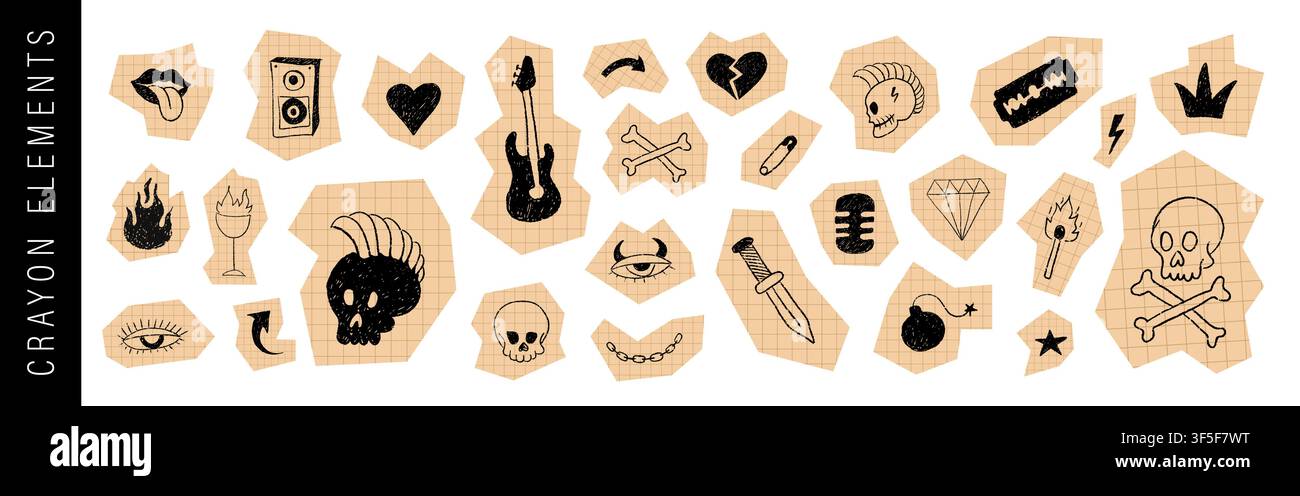 Punk scribble doodle. Handmade sticker on checkered notebook sheets. Scrapbook designs. Collage Vector illustration Stock Vector
