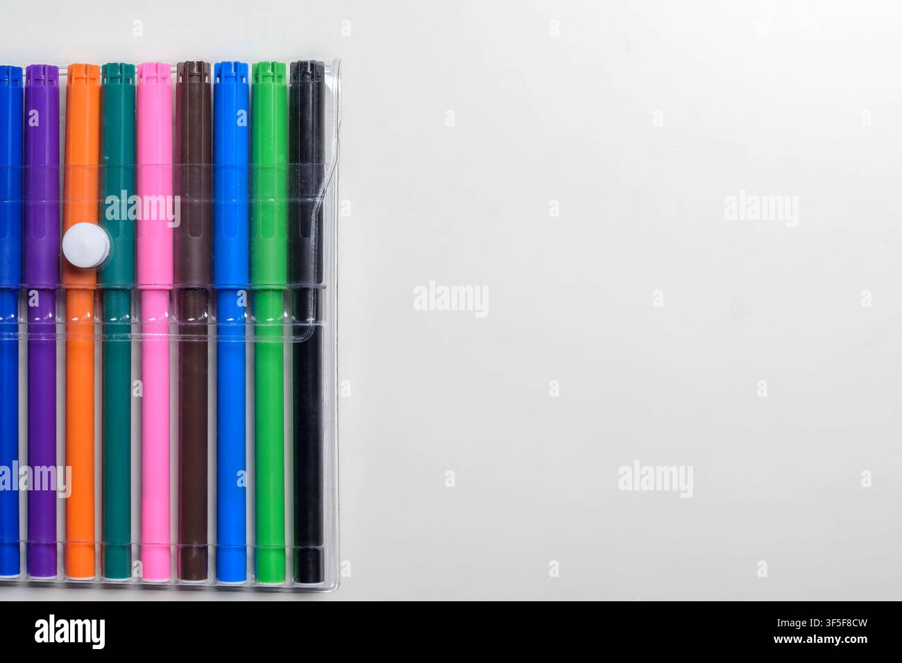 Vibrant multi-colored felt-tip pens neatly arranged in a transparent plastic case on a light background, perfect for school or art projects Stock Photo