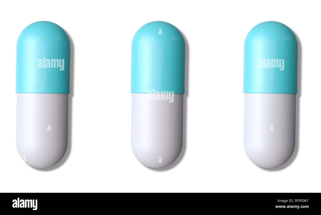 Three blue and white medical capsules. Pharmaceutical pills isolated on a white background. Stock Vector