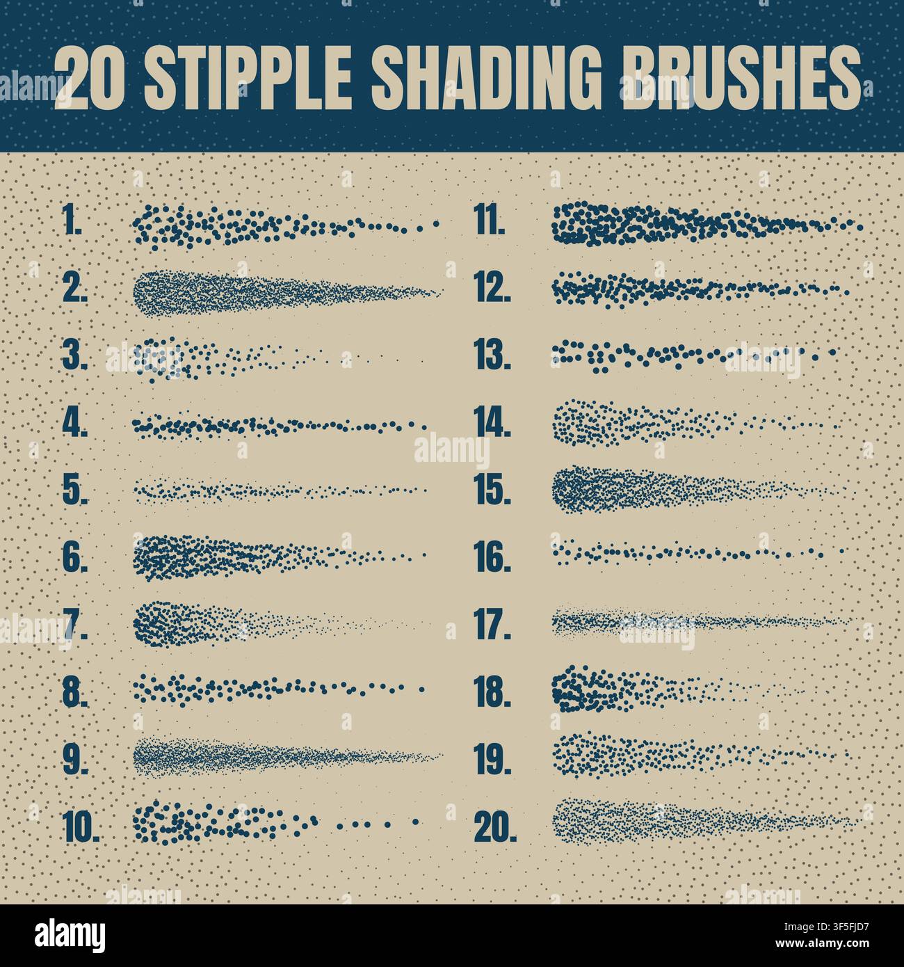 Ink scatter brush, stipple drawing and texturing. Fading gradient. Stippling, dotwork drawing, shading using dots. Halftone disintegration effect Stock Vector