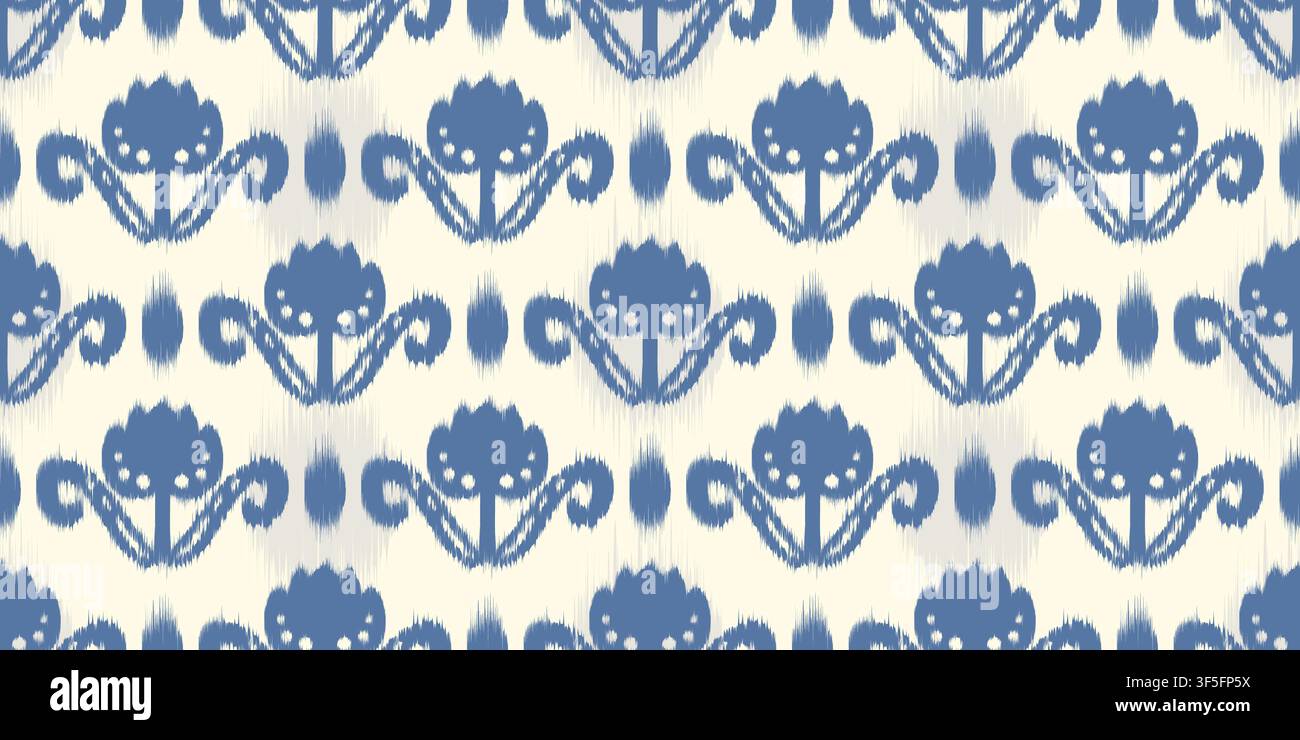 Ikat seamless floral abstract pattern. Vector batik print with blue flowers on light background. Rug traditional embroidery vintage design for textile Stock Vector