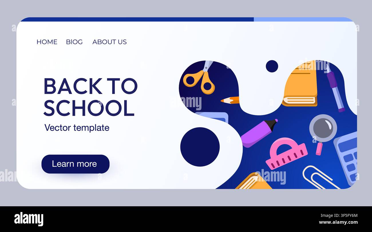 Back to school website landing page template with education stationery items. Vector illustration. Stock Vector