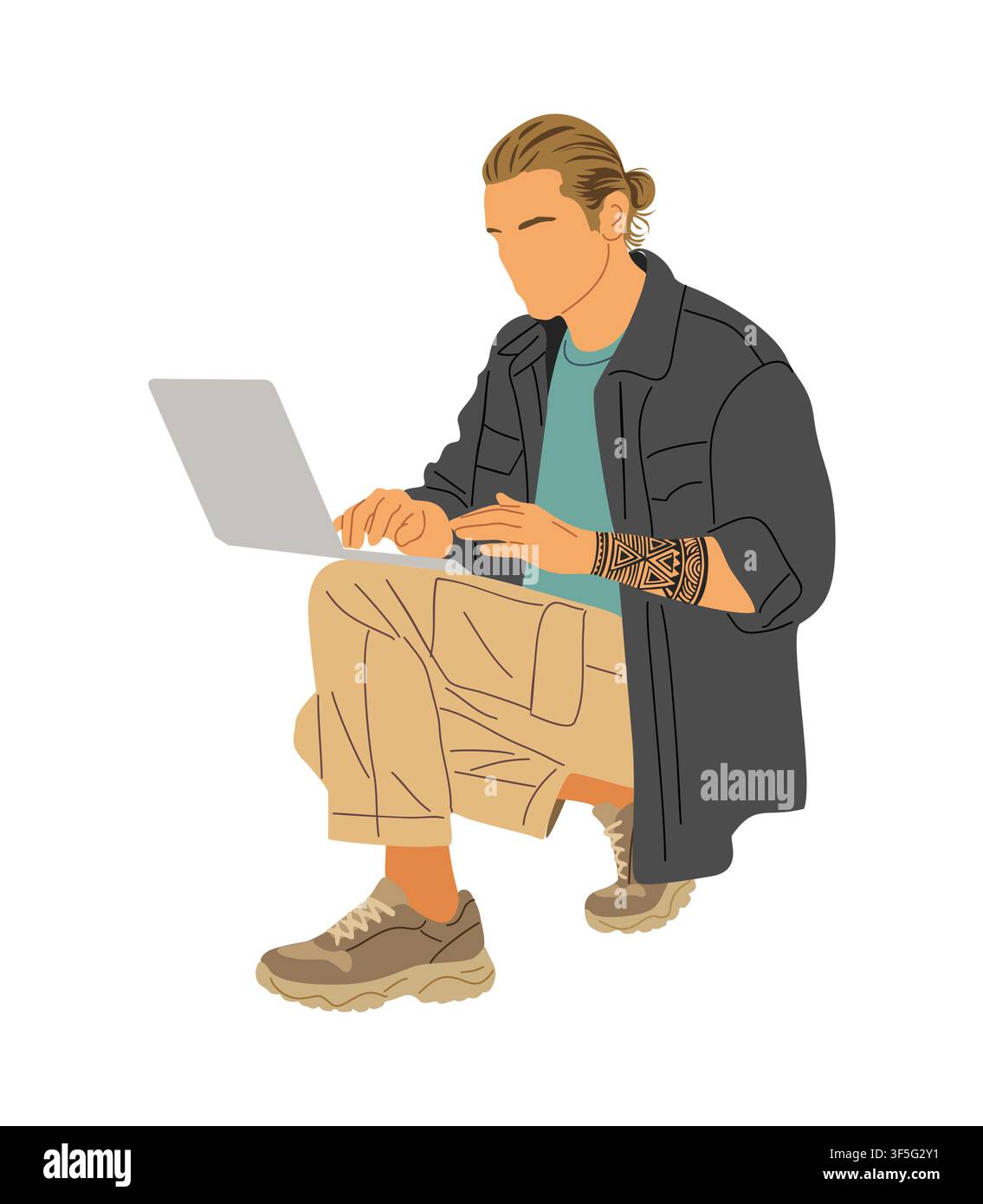 Man sits cross legged, typing on laptop Stock Vector