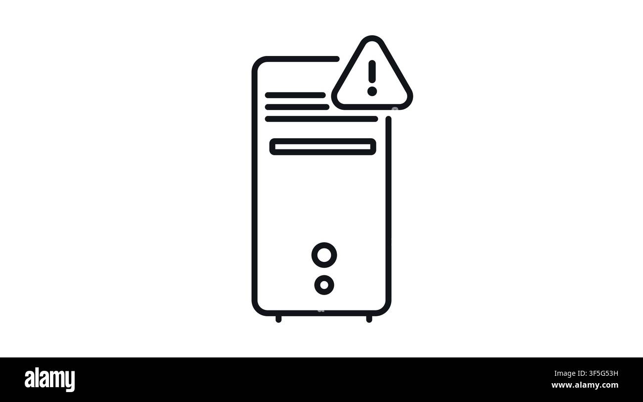 Computer tower with exclamation mark warning triangle vector icon. Black line art style on white background. PC hardware error, system failure, and te Stock Vector