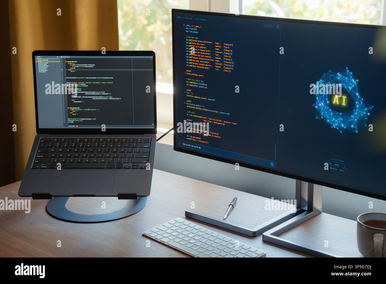 AI assistant or AI agent running automated tasks on computer in empty workspace, generating code and working on project automatically. Automation and task delegation to artificial intelligence Stock Photo