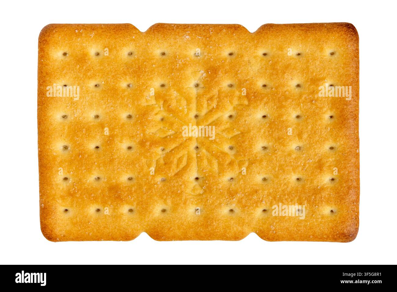 Rectangular salted cracker showing perforated grid and central embossed motif Stock Photo