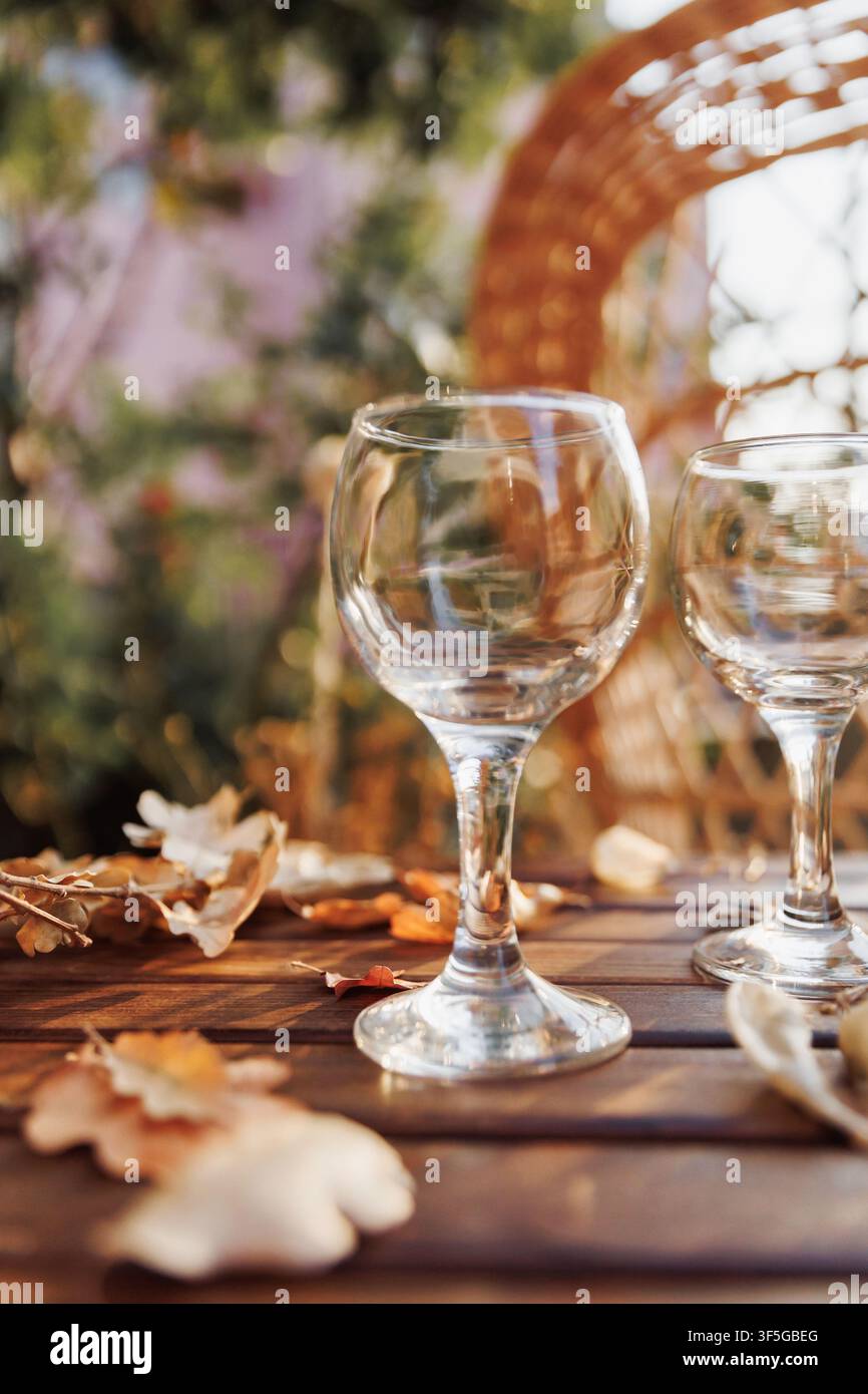 White Wine Glasses on Rustic Autumn Garden Table Stock Photo