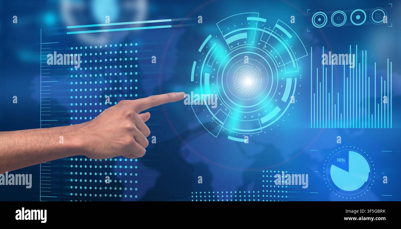 Modern Technologies. Hand pushing virtual button with fingerprint icon on digital touchscreen Stock Photo