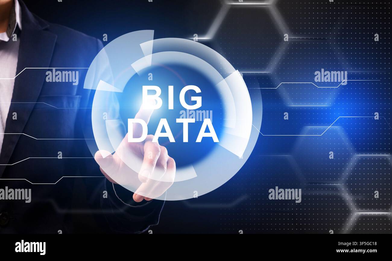 Businessman Pushing Digital Button With Big Data Lettering, Creative Collage Stock Photo