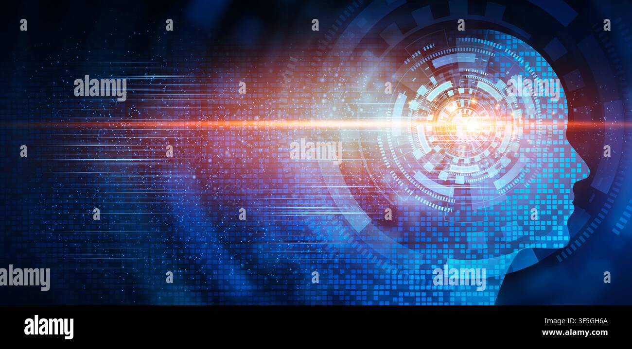 Human Head With Digital Brain Over Blue Background, AI Collage Stock Photo
