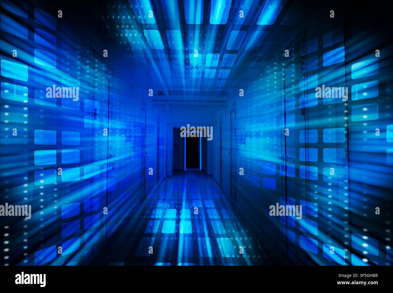 Abstract Virtual Database Server Room, Blue Background, Collage Stock Photo