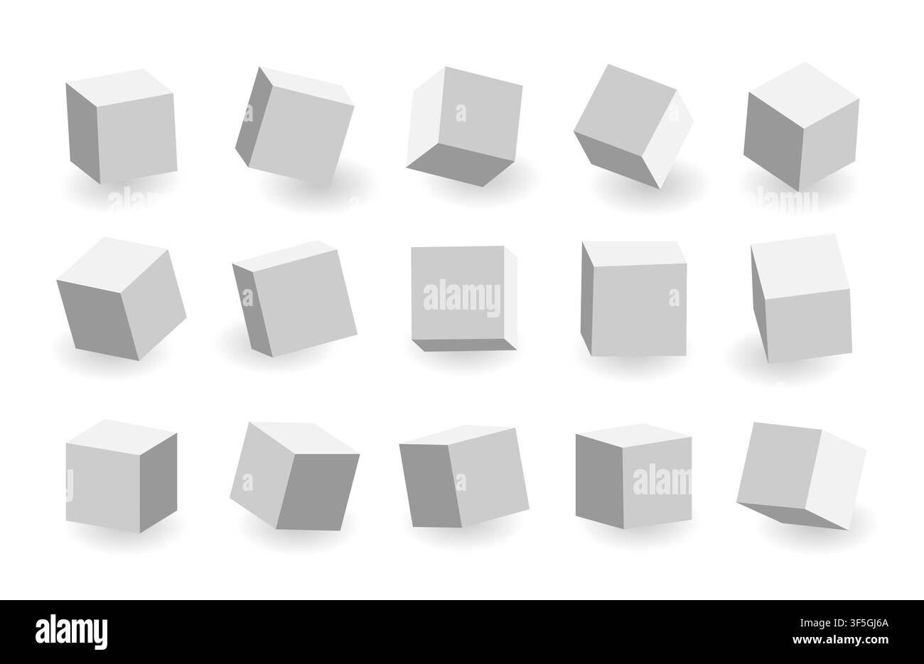 Grey 3D cubes pack isolated on white background. Different light, perspective and angle. Vector illustration Stock Vector